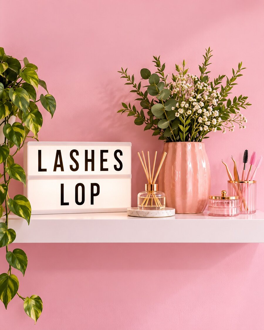 Repisa del estudio Lashes Lop con letrero luminoso de la marca, plantas y herramientas de lashista